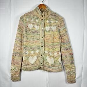 LoveShackFancy Heart Knit Cardigan Sweater Beige Multi Chunky Button Up S